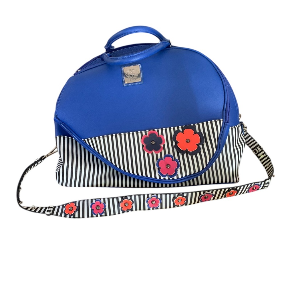 Court Couture Ella Azure Tennis Bag Blue Stripe Interior Floral Accents